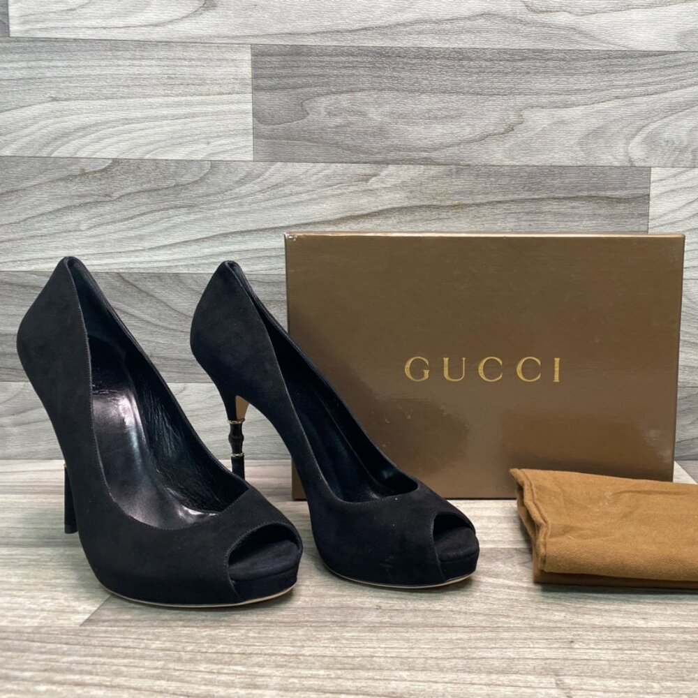 Gucci Black Suede Bamboo Heel Peep Toe Pumps Size 41 with Box